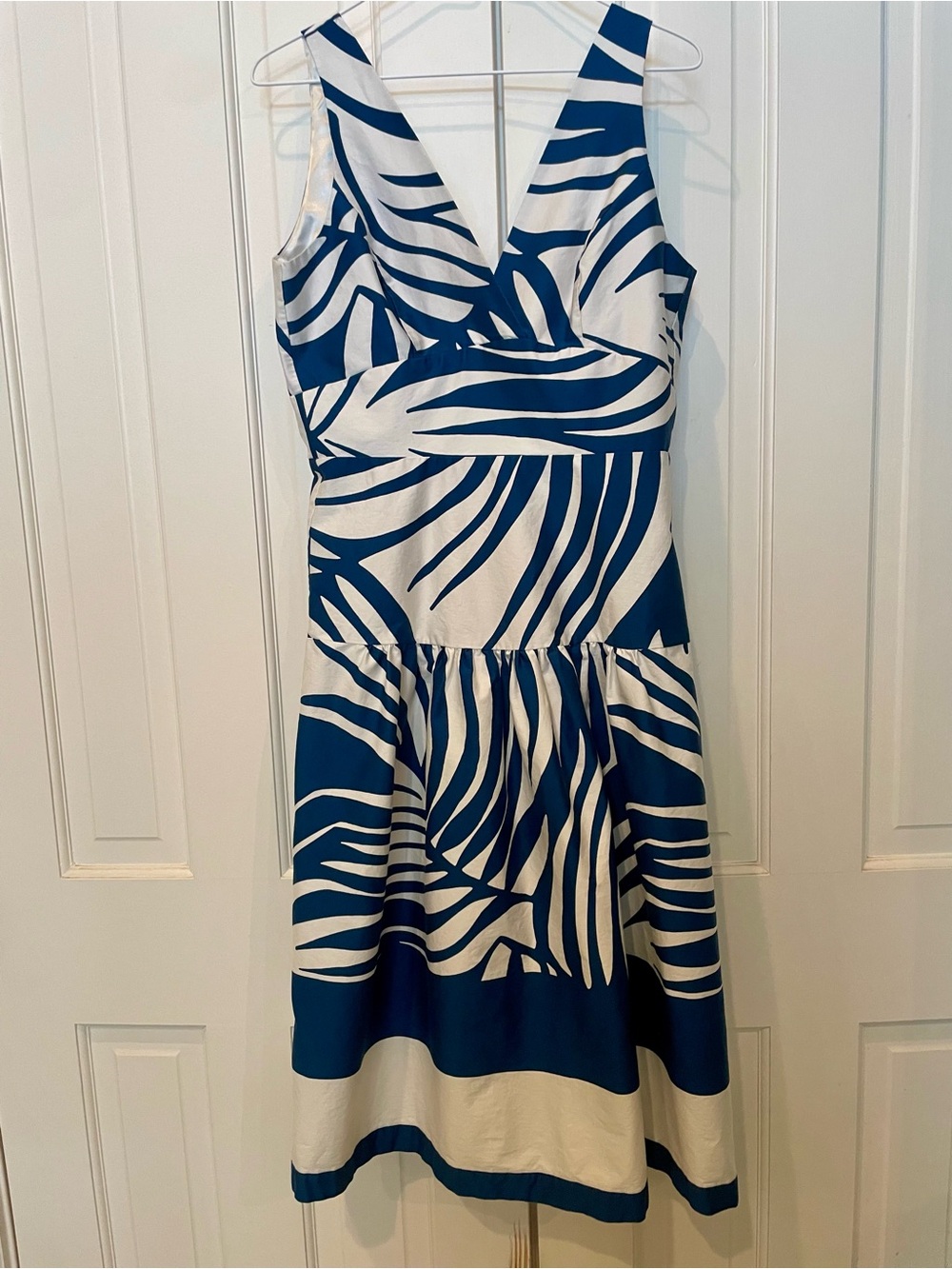 White House Black Market Blue and White V-Neck Fit-and-Flare Midi Dress